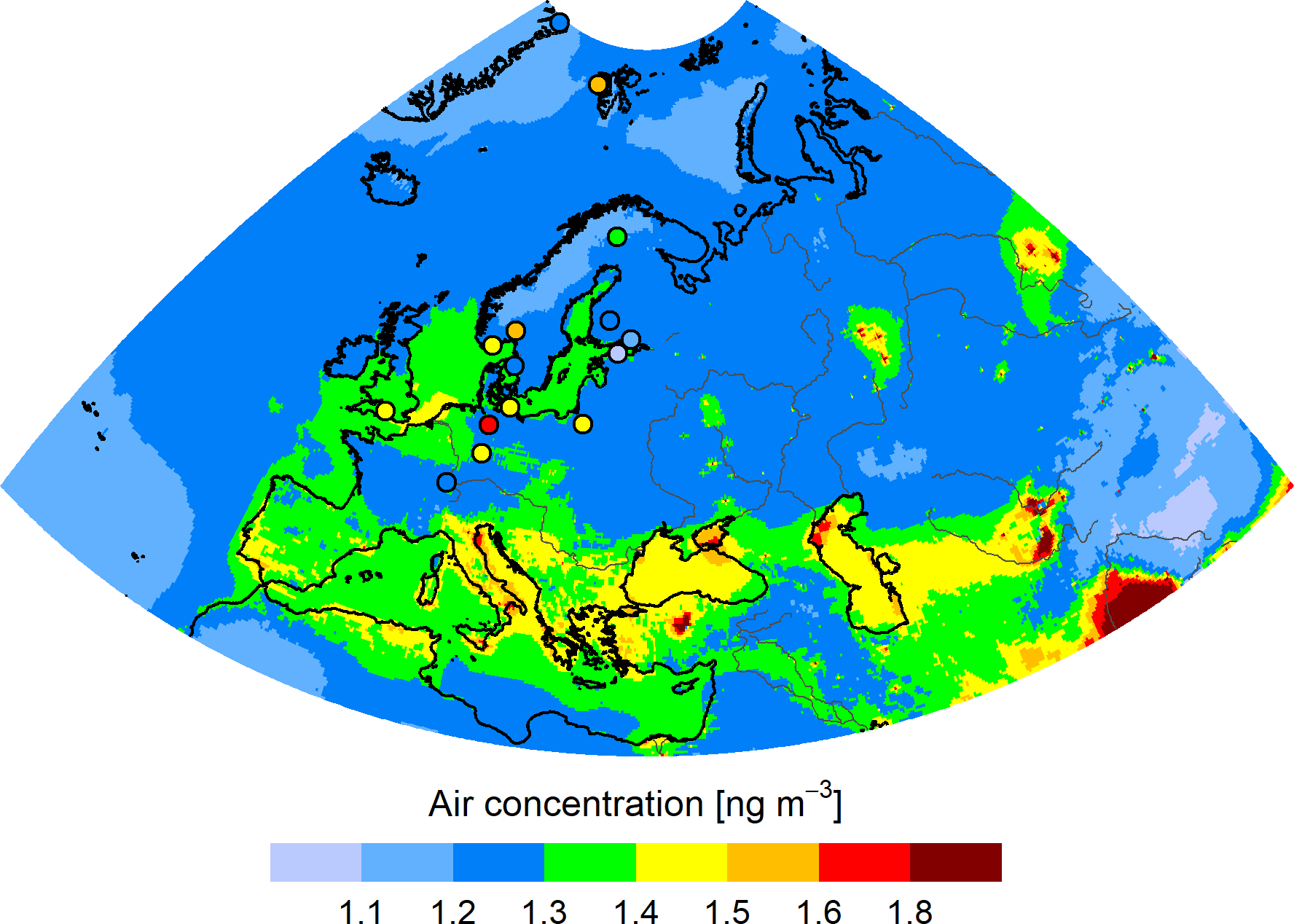 Hg concentration in the EMEP region