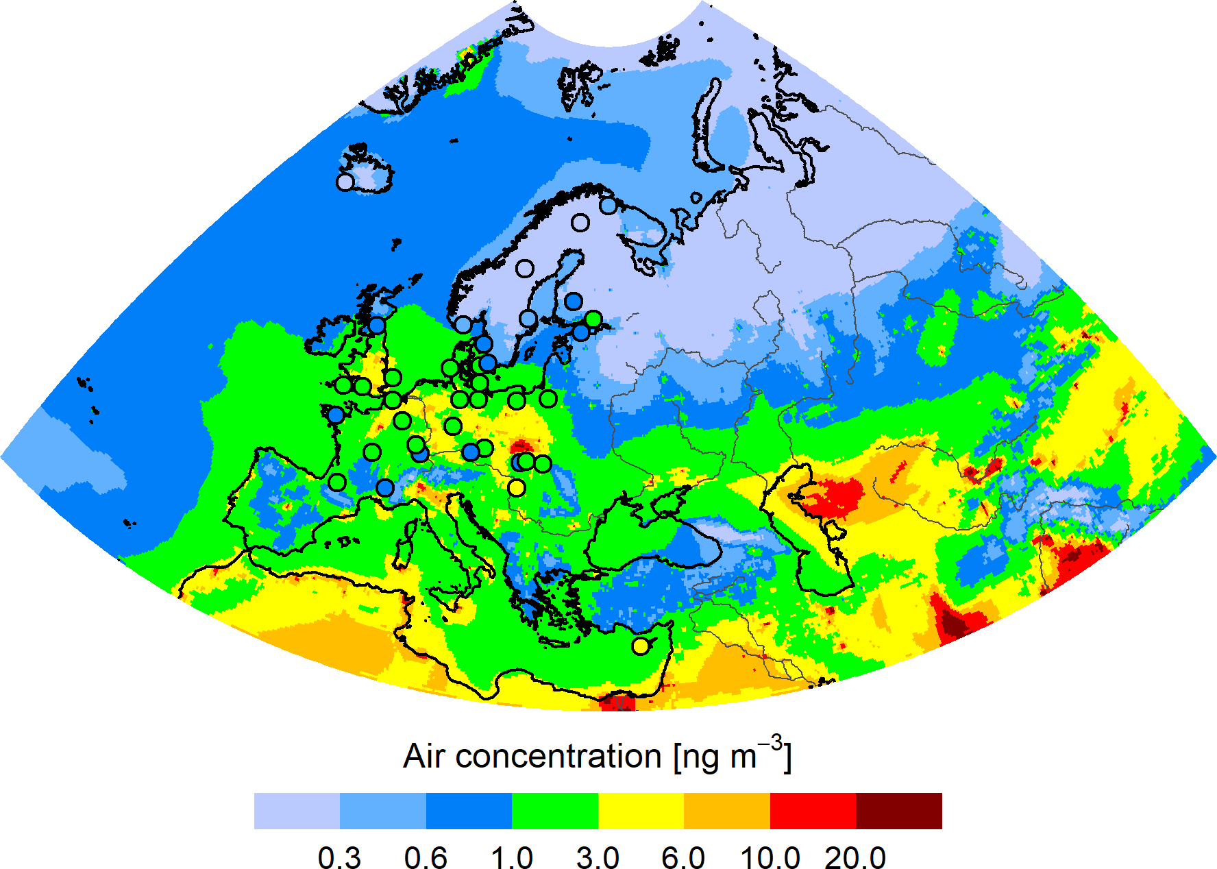 Pb concentration in the EMEP region