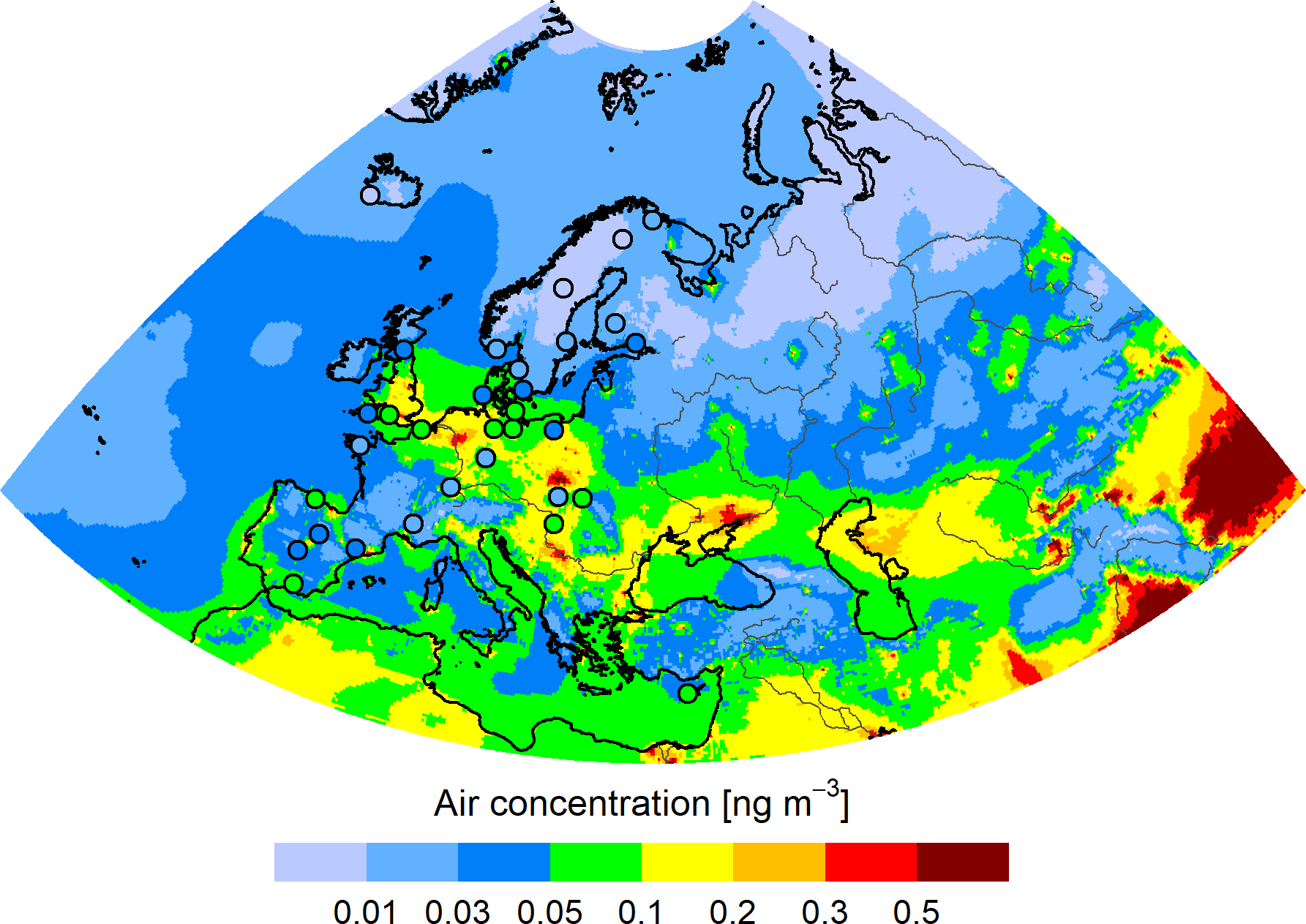 Cd concentration in the EMEP region