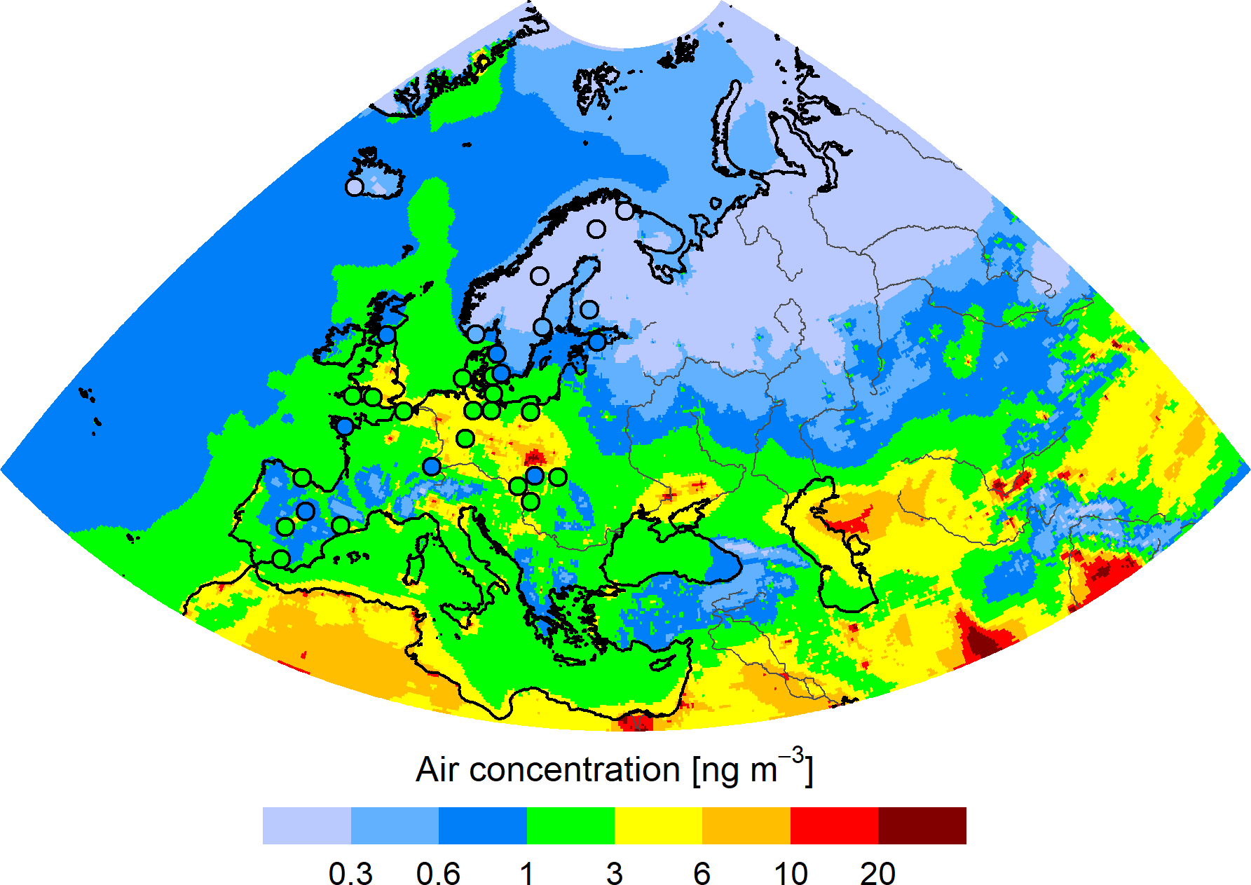 Pb concentration in the EMEP region